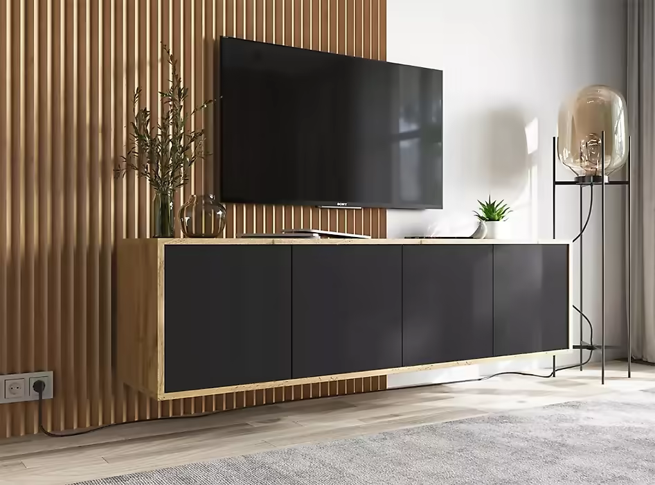 Zwevend TV-meubel in mat zwart met eiken details