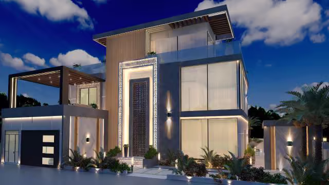 Exterieur van een modern gerenoveerde luxe villa bij schemering